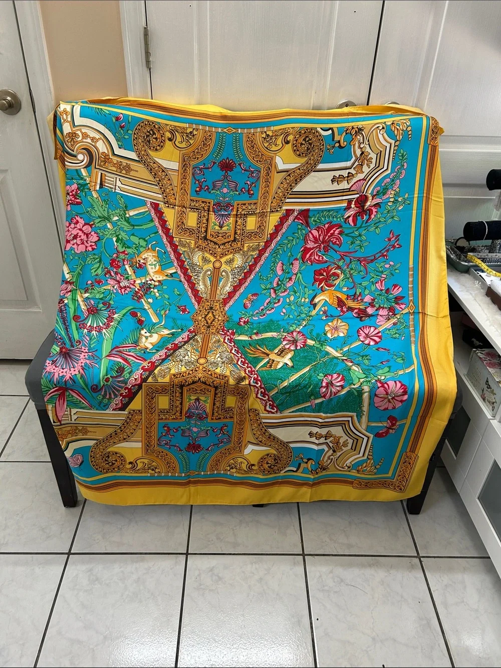 Vibrant Turquoise & Yellow Floral Silk Scarf